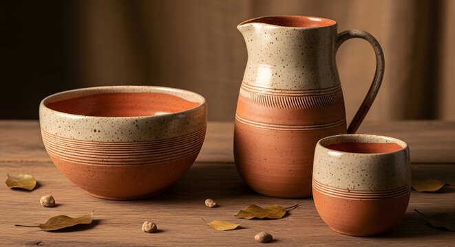 Rustic ceramic tableware set with pitcher, bowl, and cup on wooden surface