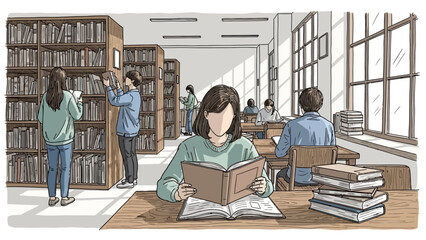 Students reading books in a library with tall bookshelves and large windows. © bagmany
