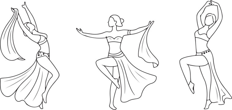 Set of woman performing belly dancing Female Dancer Line Art Set