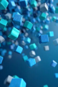 abstract cubes in blue void, tumbling gradient cubes, floating colorful cubes in space