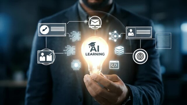 Businessman holding AI learning icon with connected digital symbols and technology network