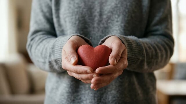 Person in gray sweater holding red heart shape in hands, charitable giving concept