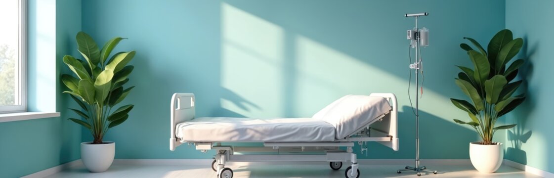 Clean hospital room features adjustable bed next to window with plants and IV drip stand. Soft light creates calm ambiance for medical recovery and patient care.