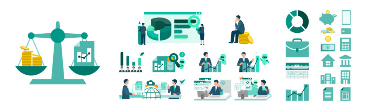 Business people managing budget and marketing strategy planning for financial forecast and resource allocation with data analysis tools for corporate workflow optimization.