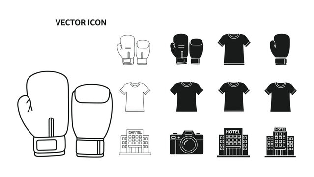 Boxing Glove Collection: A collection of various boxing gloves, shirts, camera and building illustration in minimalistic monochrome design, offering versatility for sports, apparel, photography.
