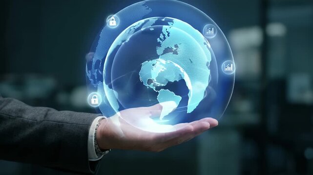 Businessman holding glowing digital globe with security icons and global network connectivity