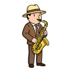Naklejka premium Man in Hat Playing Saxophone Vector Icon