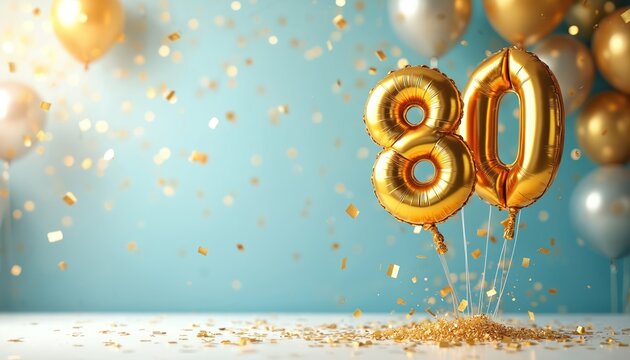 Golden balloons shaped like 80 float in air with confetti falling. Festive party background with shiny gold decor. Celebrate milestone birthday, anniversary, special event with glamour.