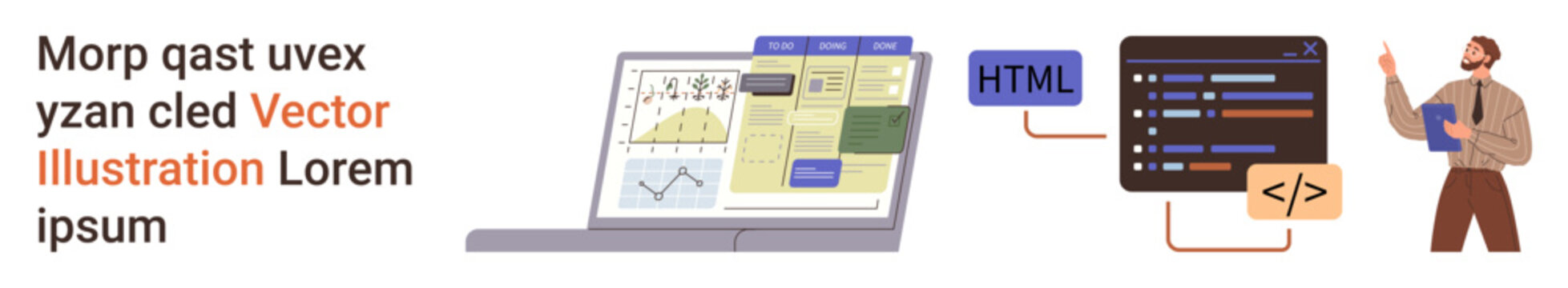 Web development, coding education, software development, programming, HTML learning, IT skills. View of laptop with code editor, HTML elements and a developer pointing at the process. Web