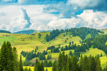 Alpine meadows with rolling green hills, wooden huts and forest at Seiser Alm in Dolomites, South Tyrol, Italy. Rural landscape, travel, escape and traditional alpine lifestyle in Alpe di Siusi