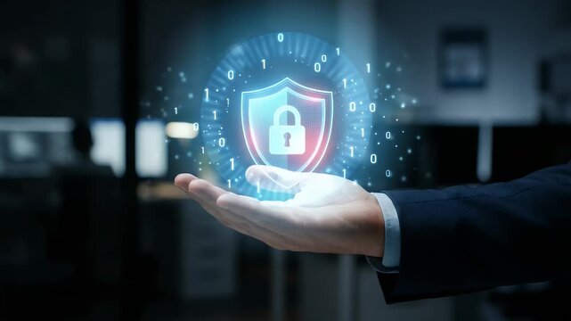 Businessman holding glowing digital shield with padlock security icon and binary code data protection