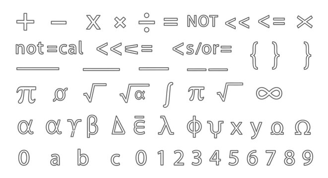 Collection of Mathematical Symbols Greek Letters and Numbers on Isolated White Background