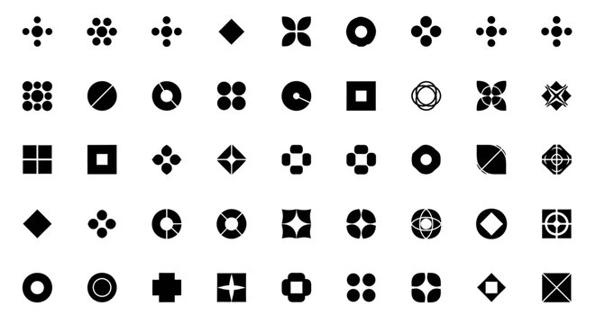 Minimalist Solid Geometric Abstract Icon Set on Isolated White Background