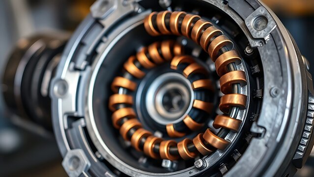commutator. A disassembled electric motor revealing its internal copper commutator segments. product launch decks, UI/UX mockups, designed for product launches and innovation pitches.