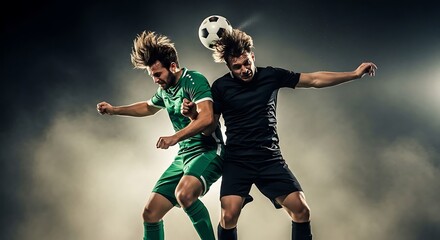 Obraz premium Two soccer players in green and black uniforms competing for the ball in a dynamic match 2026 soccer world championship tournament