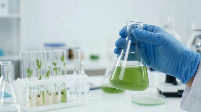 Scientist in blue gloves holding green liquid in conical flask in laboratory with plant samples