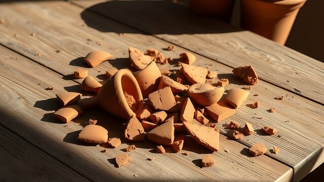 permanence. Shattered terracotta pot fragments on rustic wooden table, dramatic shadows. lifestyle magazines, social media lookbooks, designed for influencer and brand collaborations.