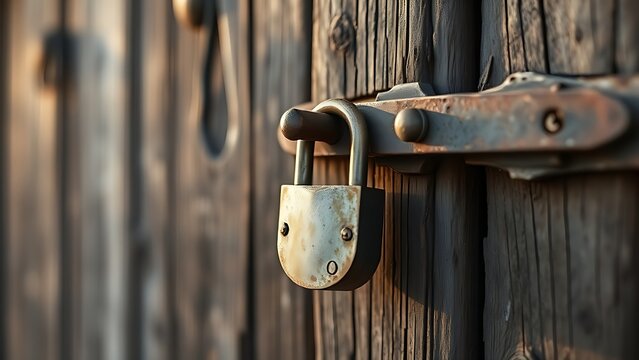 hasp. A weathered rusty hasp and padlock on a rustic barn door. real-estate listings, architecture portfolios, designed for interior renovation comparisons for interiors.
