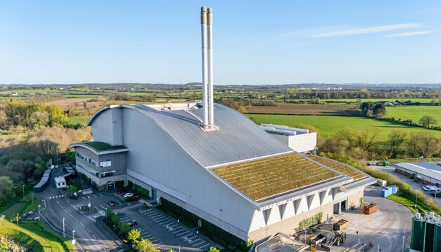 Aerial view of an energy recovery facility in Staffordshire, UK. A waste management plant that produces electricity from burning household waste