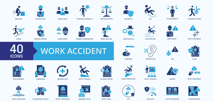 Work Accident Icon Pack Glyph Blue Illustration Vector With back pain, broken hand, labor union, temporary disability, employee rights