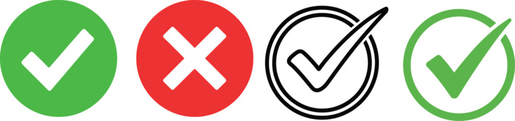 Obraz premium Four distinct checkmark and cross symbols in varied colors and styles representing status or validation