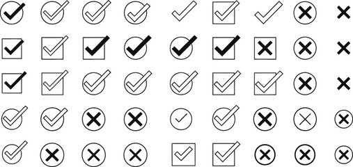 Collection of black and white checkmark and cross symbols in rounded rectangular frames representing choices and validation © NARGIS