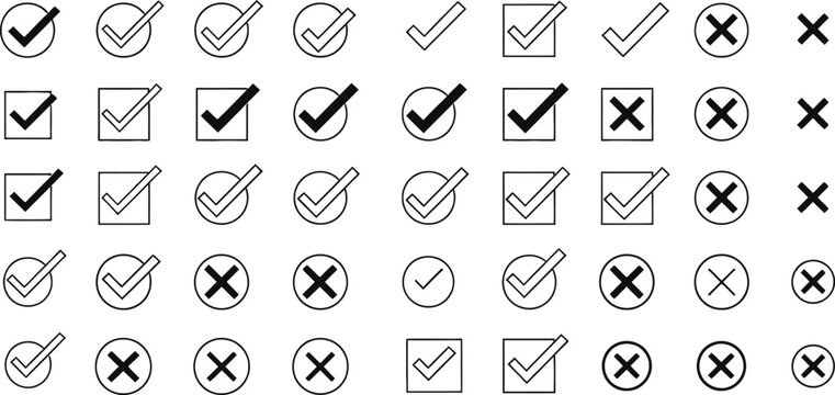 Collection of black and white checkmark and cross symbols in rounded rectangular frames representing choices and validation