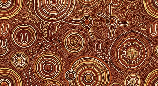 Authentic Aboriginal Dot Painting Art with Traditional Symbols and Patterns.
