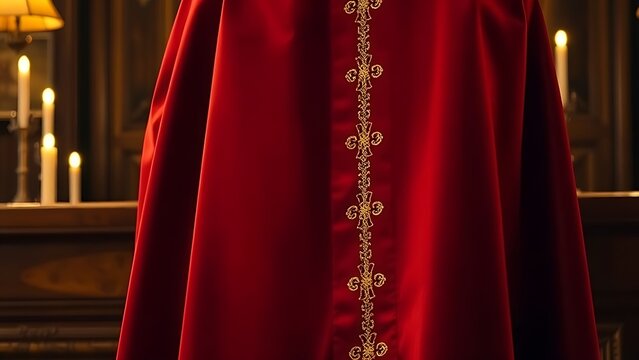 chasuble. A deep red silk chasuble with gold embroidery on a wooden altar in candlelight. event programs, museum guides, designed for cultural heritage projects and event programs.