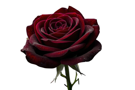 Dark red rose blossom with velvet petals and subtle water drops, representing passion and romance on transparent background