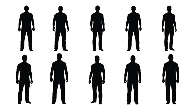 Nine male silhouettes arranged in a grid featuring diverse body types and postures