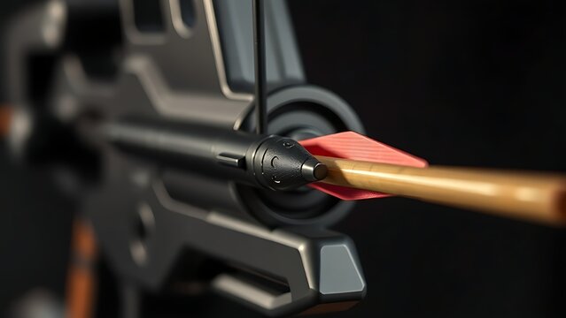 nocked. Compound bow's cam and string groove with an arrow nocked, close-up. product launch decks, UI/UX mockups, designed for product launches and innovation pitches, used by recruiters.