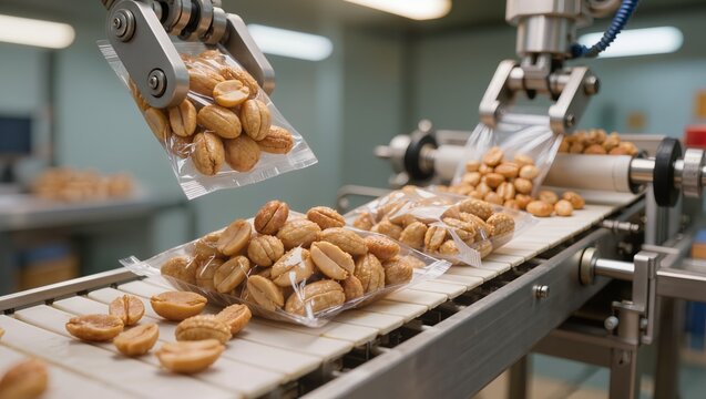 Automated conveyor line packaging roasted peanuts into transparent bags with robotic gripper, food factory, snack production, packaging process, and industrial automation concept
