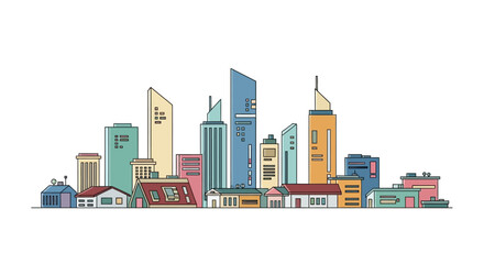 Fototapeta premium Colorful flat design city skyline with modern buildings and houses.