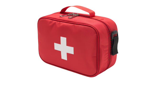 Red fabric first aid kit bag with a white cross emblem, isolated on a white background isolated on a transparent background