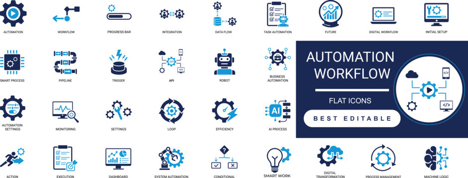 automation workflow solid icon set. process, robotic, rpa, efficiency, process, automation, optimization. editable vector illustration collection set.