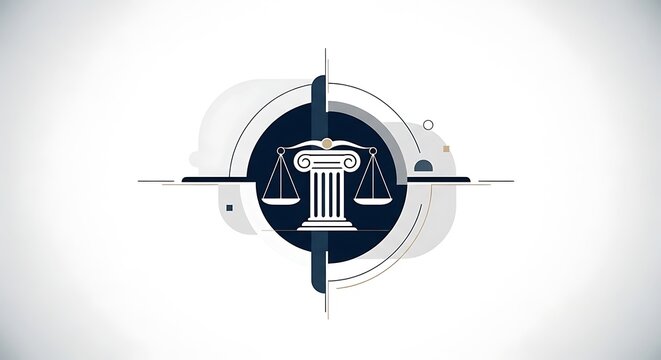 A balanced scale icon with a classical pillar design is at the center of a circular design with abstract shapes and lines on a white background