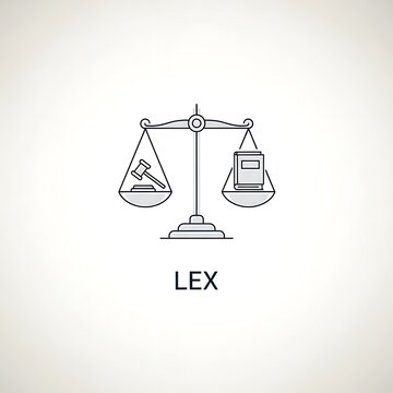 A balanced scale icon with a gavel and a book on either side representing legal concepts, and the word "LEX" beneath it