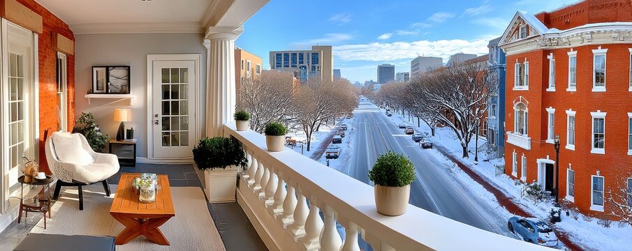 View of snow-covered Washington, D.C. street from balcony of historic brick rowhouse