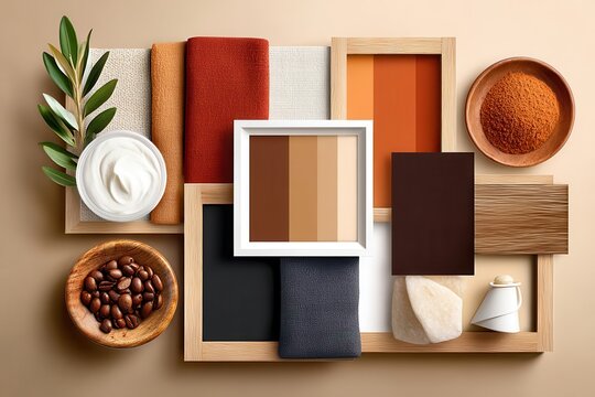 Beige, brown and chocolate color palette flat lay with fabric swatches, wood frames and coffee accents