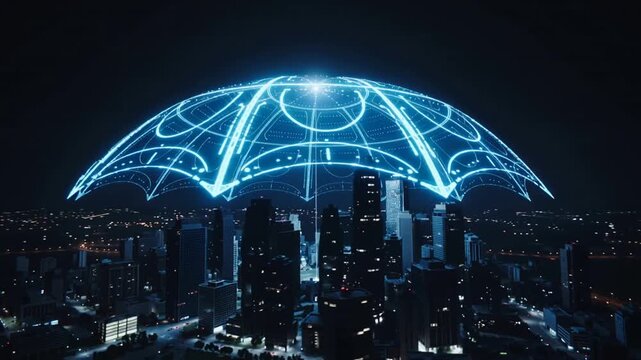 Emitting cyan light, central emitter projecting and forming protective dome over downtown at night