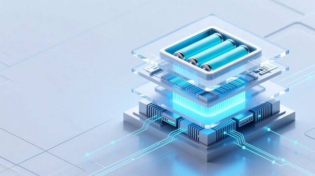 Conceptual 3D render showcasing advanced solid-state next-gen batteries technology powering innovative energy layers for high-efficiency storage in future systems