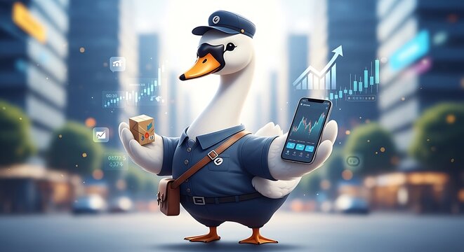 A cartoon goose in a postal uniform holds a package and a phone with stock charts, with blurred city background