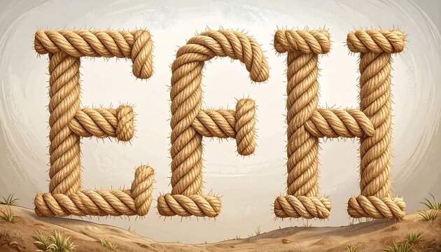 EGH" letters made of tan rope on a blurred desert backdrop, creating a rustic, textured appearance