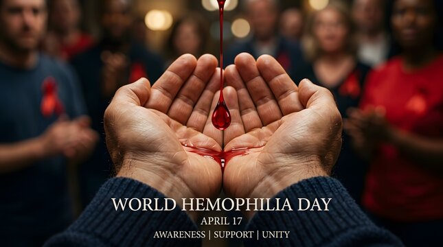 World hemophilia day awareness concept with hands catching a blood drop