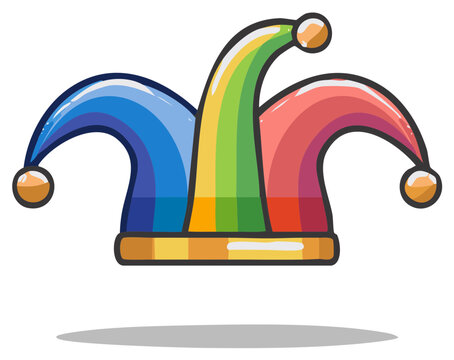 Colorful jester hat illustration with bells, cartoon fools cap for carnival or comedy