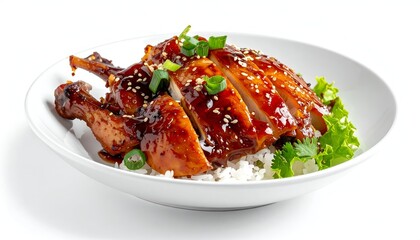 Fototapeta premium A vibrant culinary composition features glazed chicken, sliced and displayed, atop rice and greens in a white bowl, against a pure white backdrop