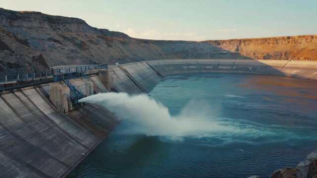Hydropower dam releasing water, possibly for maintenance or to flush out debris.