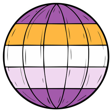 Cartoon globe illustration with Non-binary pride flag colors. Decorative drawing