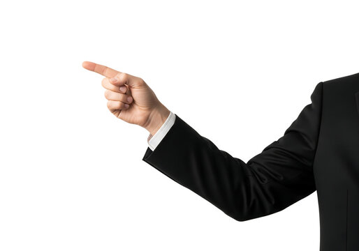 Businessman's hand in black suit pointing finger gesture. Isolated on transparent background, png
